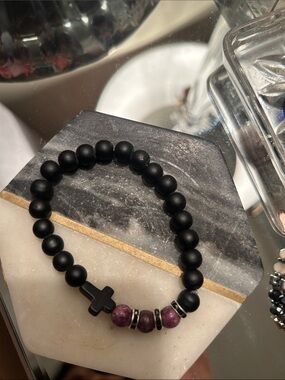 Matte Black Bead Bracelet with Purple Accent Beads and Cross
